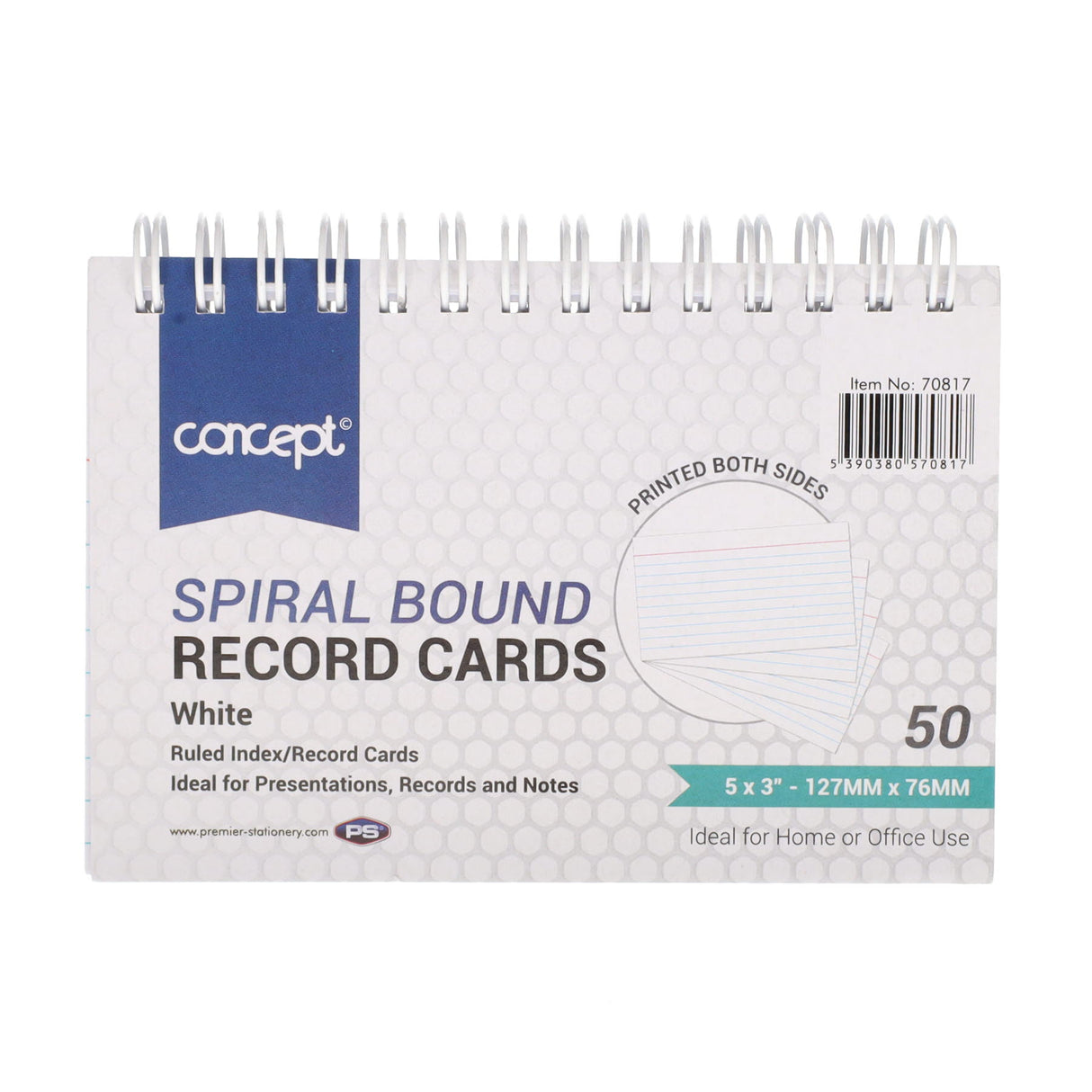 Concept 5x3 Spiral Ruled Index Cards - White - 50 Cards