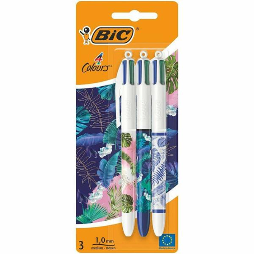 BIC 4 Colour Ballpoint Pens Botanical Decor - Pack of 3-Ballpoint Pens-BIC | Buy Online at Stationery Shop