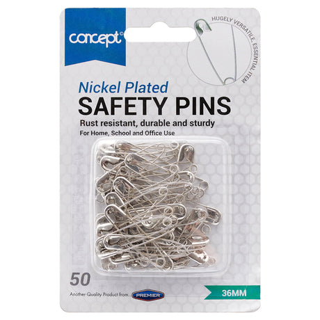 Concept Safety Pins - Nickel Plated - Pack of 50-Paper Clips, Clamps & Pins-Concept|StationeryShop.co.uk