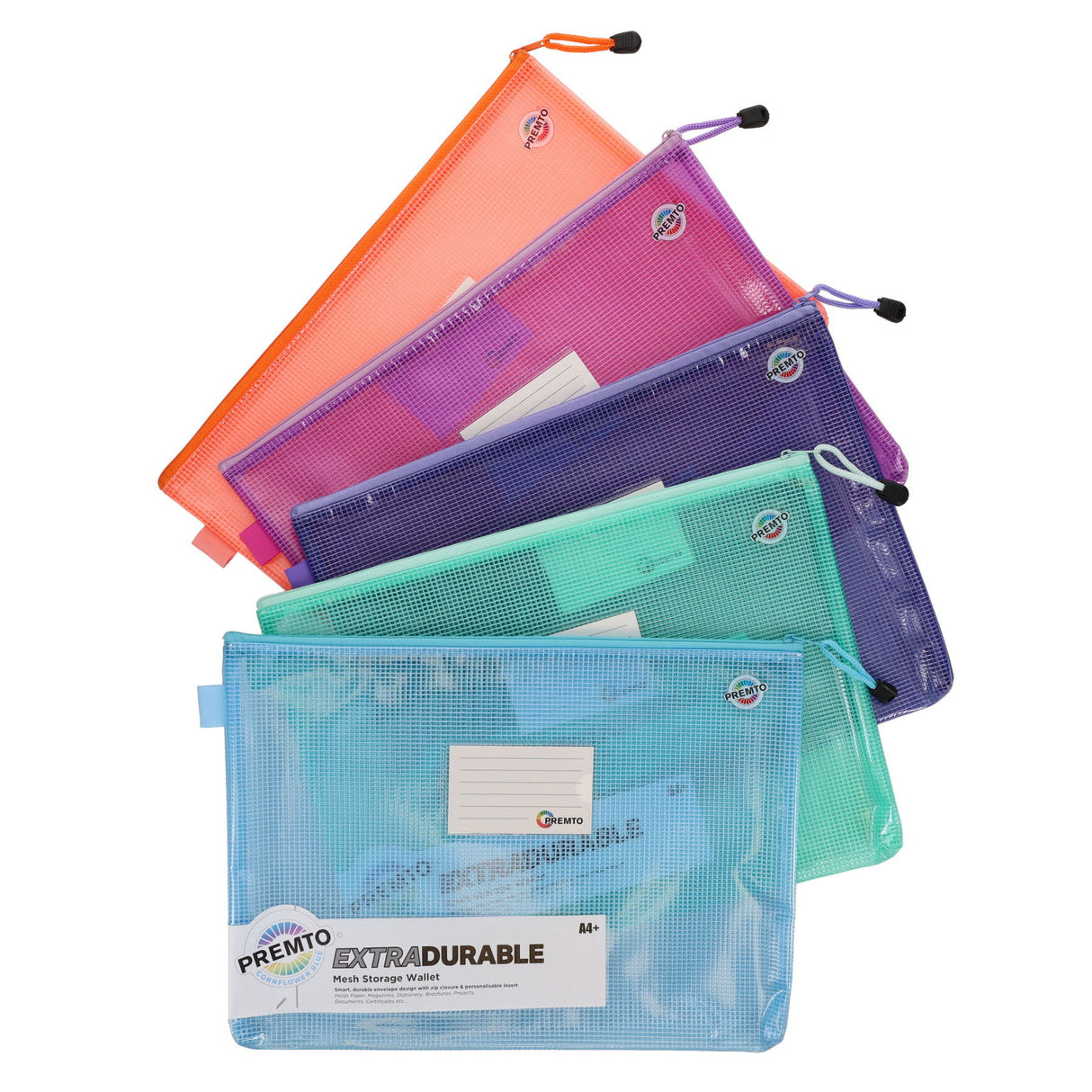 Premto Multipack | Pastel A4+ Extra Durable Mesh Storage Wallet - 5 Assorted - Box of 20