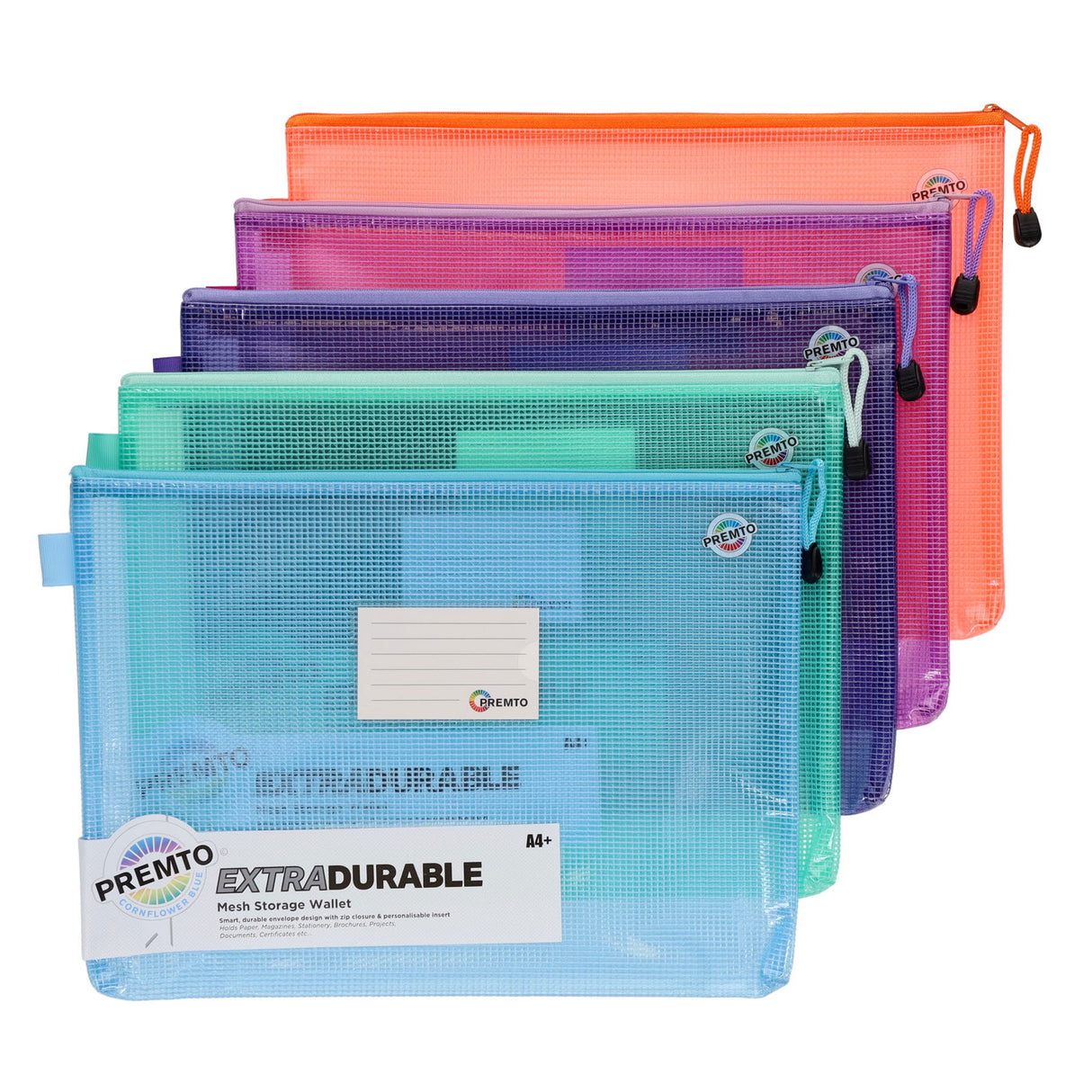 Premto Multipack | Pastel A4+ Extra Durable Mesh Storage Wallet - 5 Assorted - Box of 20