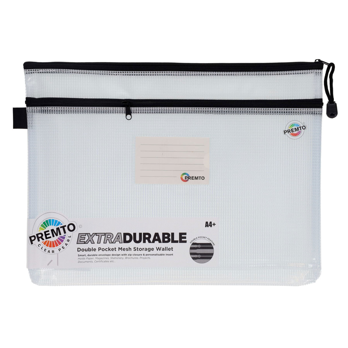 Premto A4+ Extra Durable Double Pocket Mesh Storage Wallet - Clear Pearl