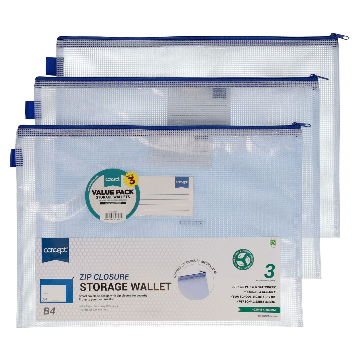 Premier Universal Multipack | B4 Durable Mesh Wallets with Zip - Clear - Pack of 3