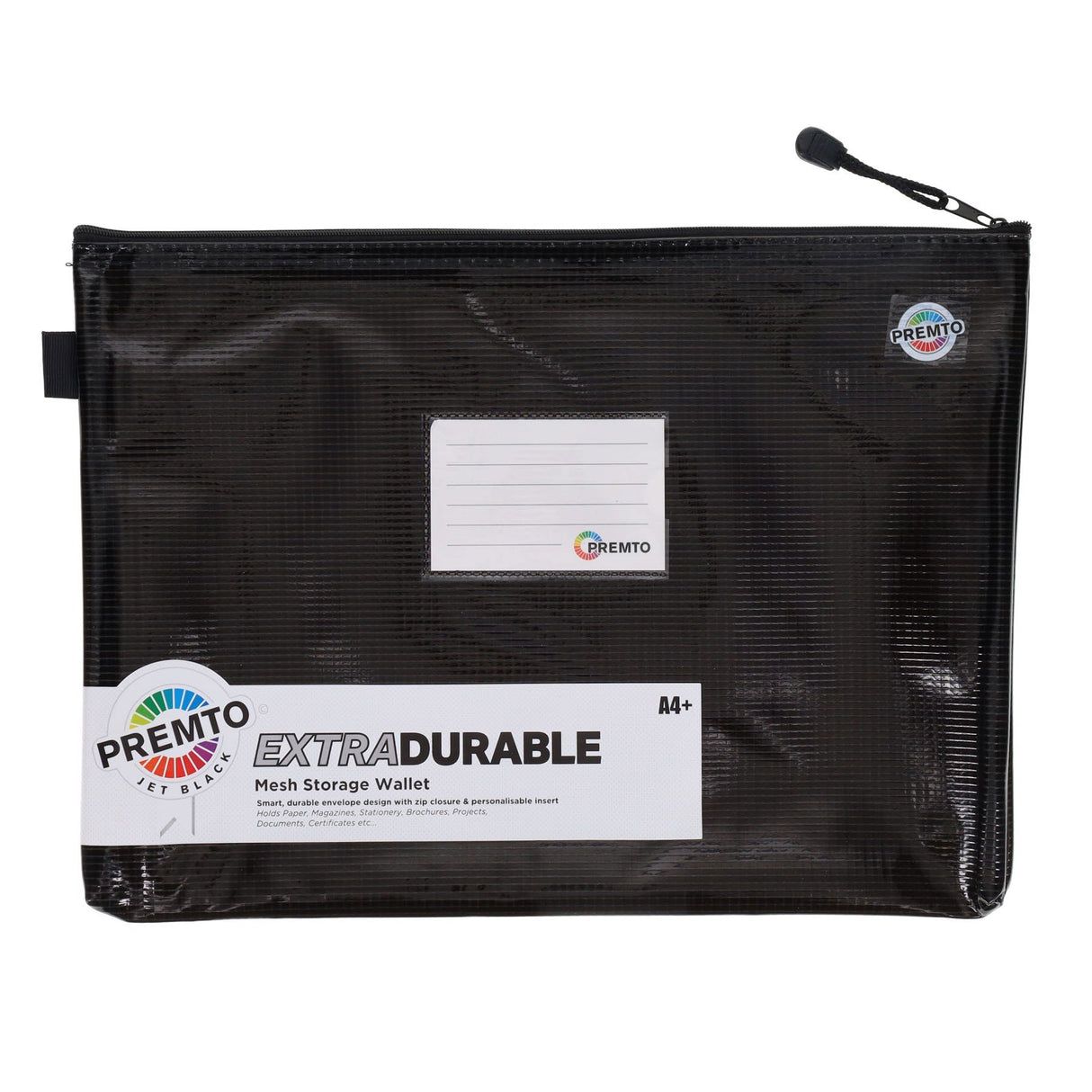 Premto A4+ Extra Durable Expanding Mesh Wallet with Zip - Jet Black