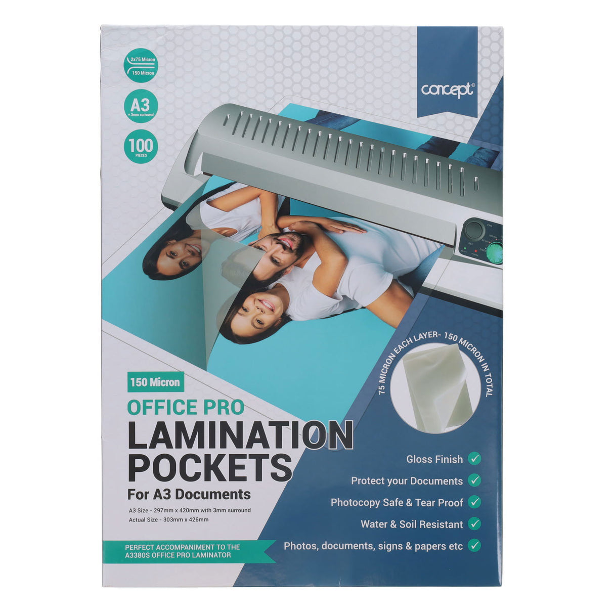 Concept A3 Office Pro Laminating Pouches - 150 Micron - Pack of 100