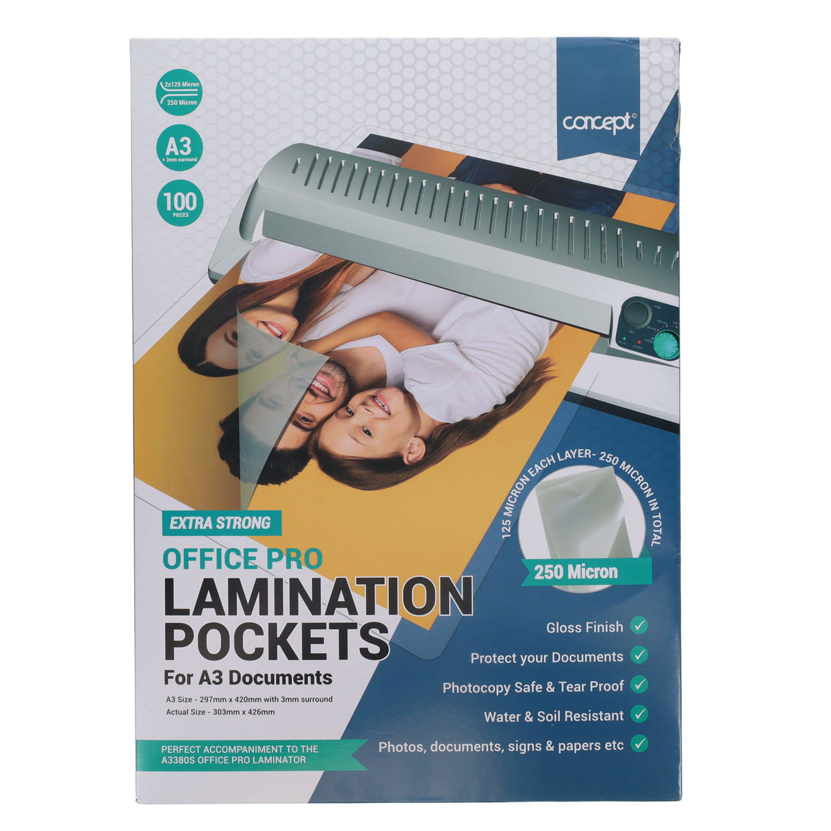 Concept A3 Office Pro Laminating Pouches - 250 Micron - Pack of 100