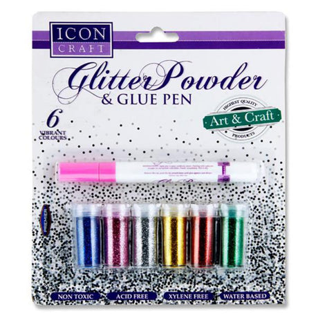 Icon 5g Vibrant Glitter Tubs & Glue Pen - 6 Tubs & 1 Glue Pen-Sequins & Glitter-Icon|StationeryShop.co.uk