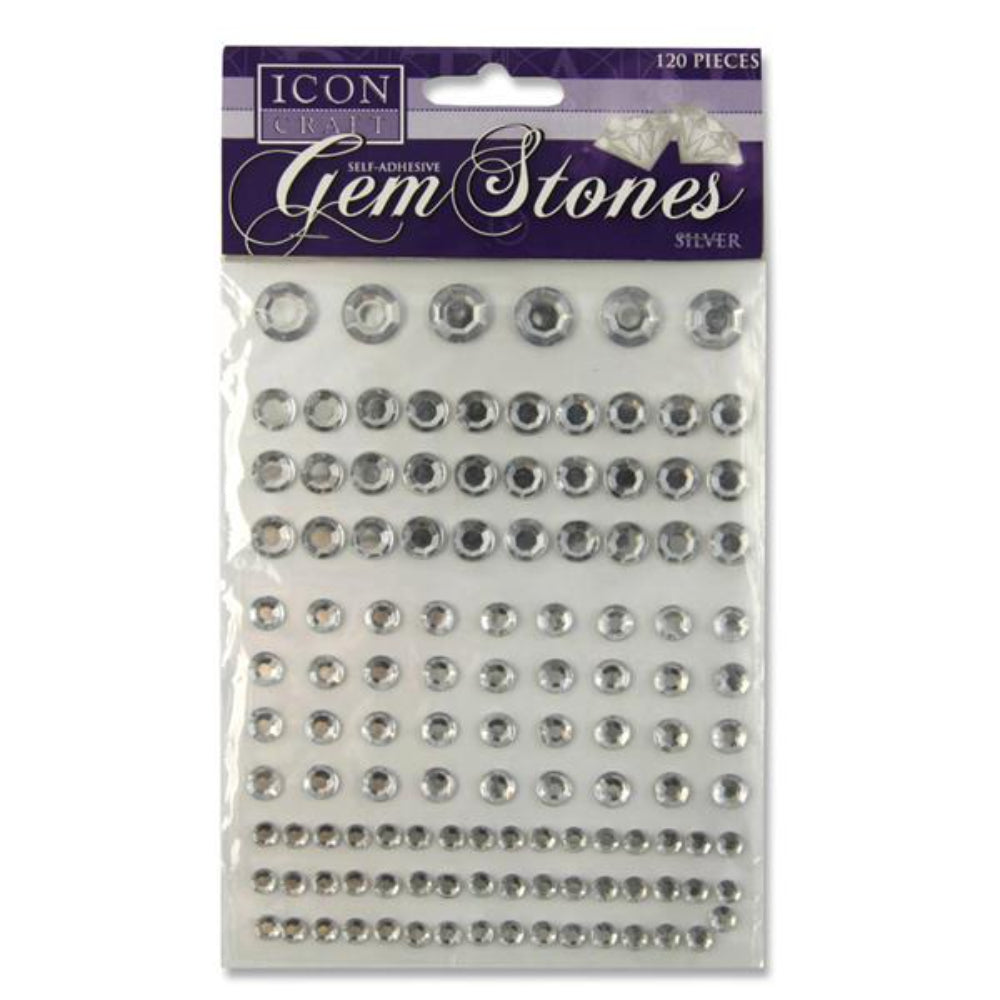 Icon Self Adhesive Gem Stones - Silver - Pack of 120-Rhinestones & Flatbacks-Icon|StationeryShop.co.uk