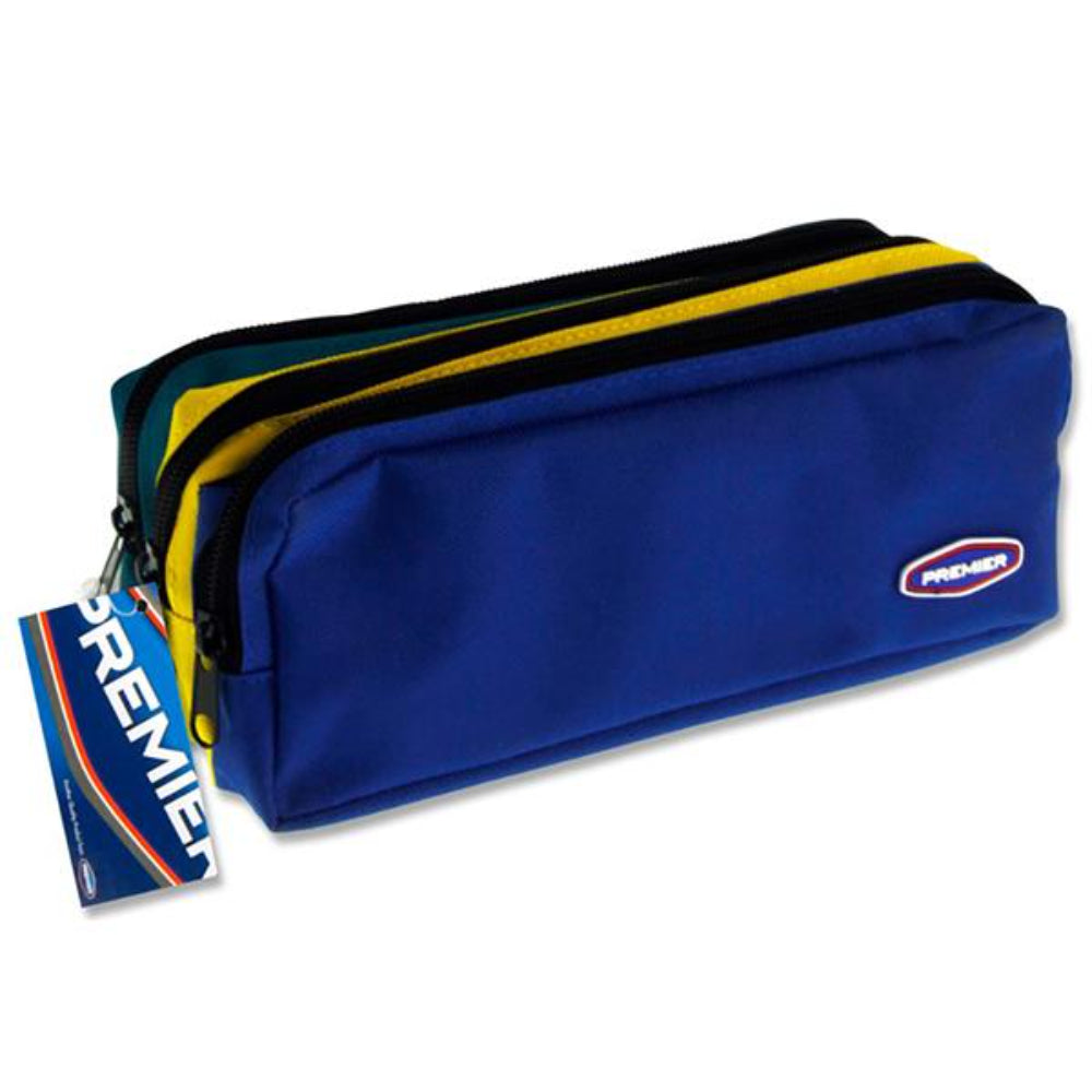 Premier 3 Zip & Pocket Pencil Case - Blue & Yellow & Green-Pencil Cases-Premier|StationeryShop.co.uk