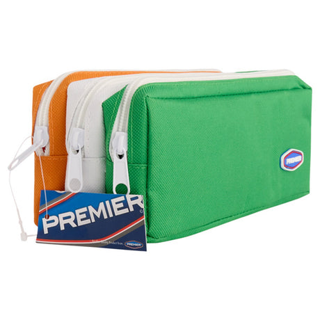 Premier 3 Zip & Pocket Pencil Case - Green, White & Orange-Pencil Cases-Premier|StationeryShop.co.uk