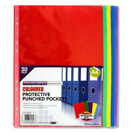 Premier Multipack | Office A4 Punched Pockets - Multicolour - Pack of 50-Punched Pockets-Premier Office|StationeryShop.co.uk