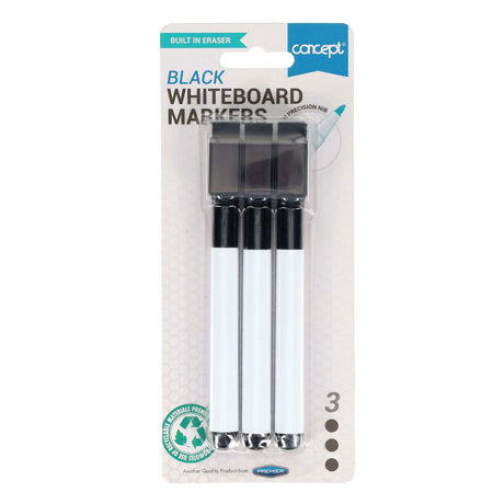 Premier Office Dry Wipe Markers with Eraser - Black - Pack of 3-Whiteboard Markers-Premier Office|StationeryShop.co.uk