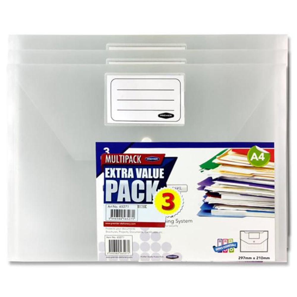 Premier Office Multipack | A4 Button Document Wallets - Pack of 3-Document Folders & Wallets-Premier Office|StationeryShop.co.uk