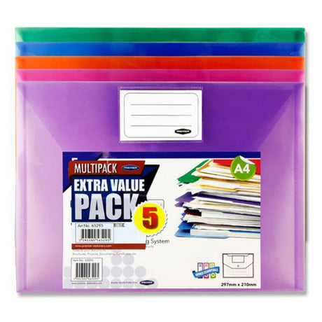 Premier Office Multipack | A4 Button Wallet - Multicoloured - Pack of 5-Document Folders & Wallets-Premier Office|StationeryShop.co.uk