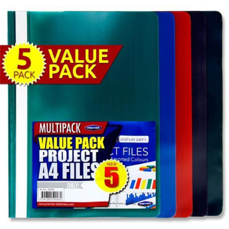 Premier Office Multipack | A4 Project Files - Multicoloured - Pack of 5-Report & Clip Files-Premier Office|StationeryShop.co.uk