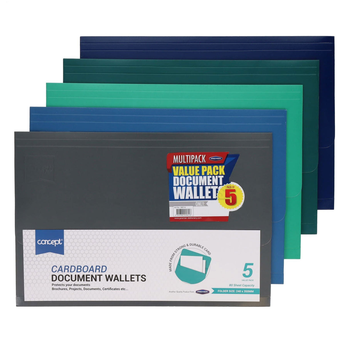 Premier Office Multipack | High Quality Card Document Wallets - Pack of 5-Document Folders & Wallets-Premier Office|StationeryShop.co.uk
