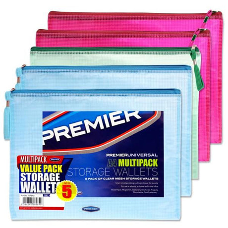 Premier Universal Multipack | A4 Mesh Wallets - Clear - Pack of 5-Mesh Wallet Bags-Premier Universal|StationeryShop.co.uk