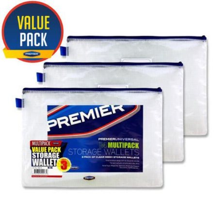 Premier Universal Multipack | B4 Durable Mesh Wallets with Zip - Clear - Pack of 3-Mesh Wallet Bags-Premier Universal|StationeryShop.co.uk