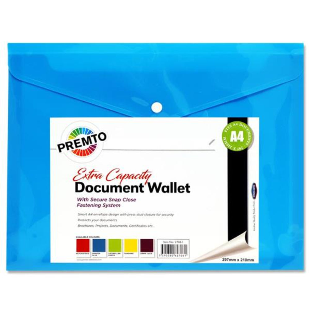 Premto A4 Extra Capacity Document Wallet with Button Closure - Printer Blue-Document Folders & Wallets-Premto|StationeryShop.co.uk