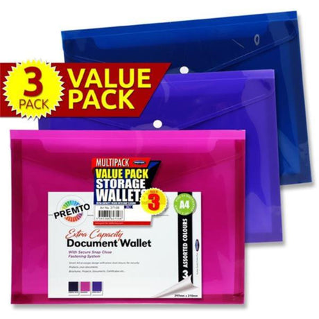 Premto A4 Multipack | Extra Capacity Document Wallet - Series 2 - Pack of 3-Document Folders & Wallets-Premto|StationeryShop.co.uk
