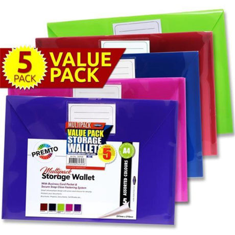 Premto Multipack | A4 Button Storage Wallets - Series 2 - Pack of 5-Document Folders & Wallets-Premto|StationeryShop.co.uk