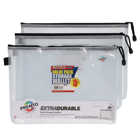 Premto Multipack | A4+ Extra Durable Mesh Storage Wallet - Clear Pearl - Pack of 3-Mesh Wallet Bags- Buy Online at Stationery Shop UK