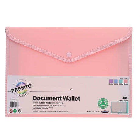 Premto Pastel A4+ Button Wallet - Pink Sherbet-Document Folders & Wallets- Buy Online at Stationery Shop UK
