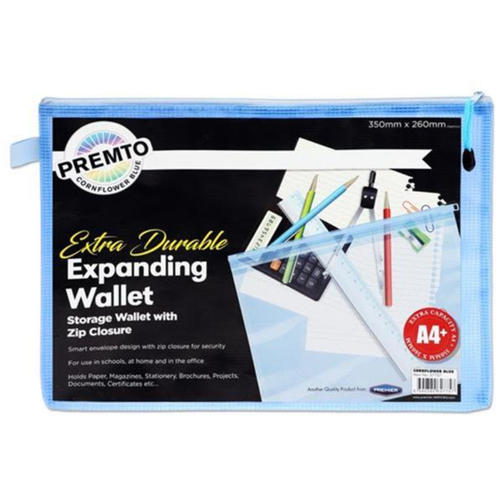 Premto Pastel A4+ Extra Durable Expanding Mesh Wallet with Zip - Cornflower Blue-Mesh Wallet Bags-Premto|StationeryShop.co.uk