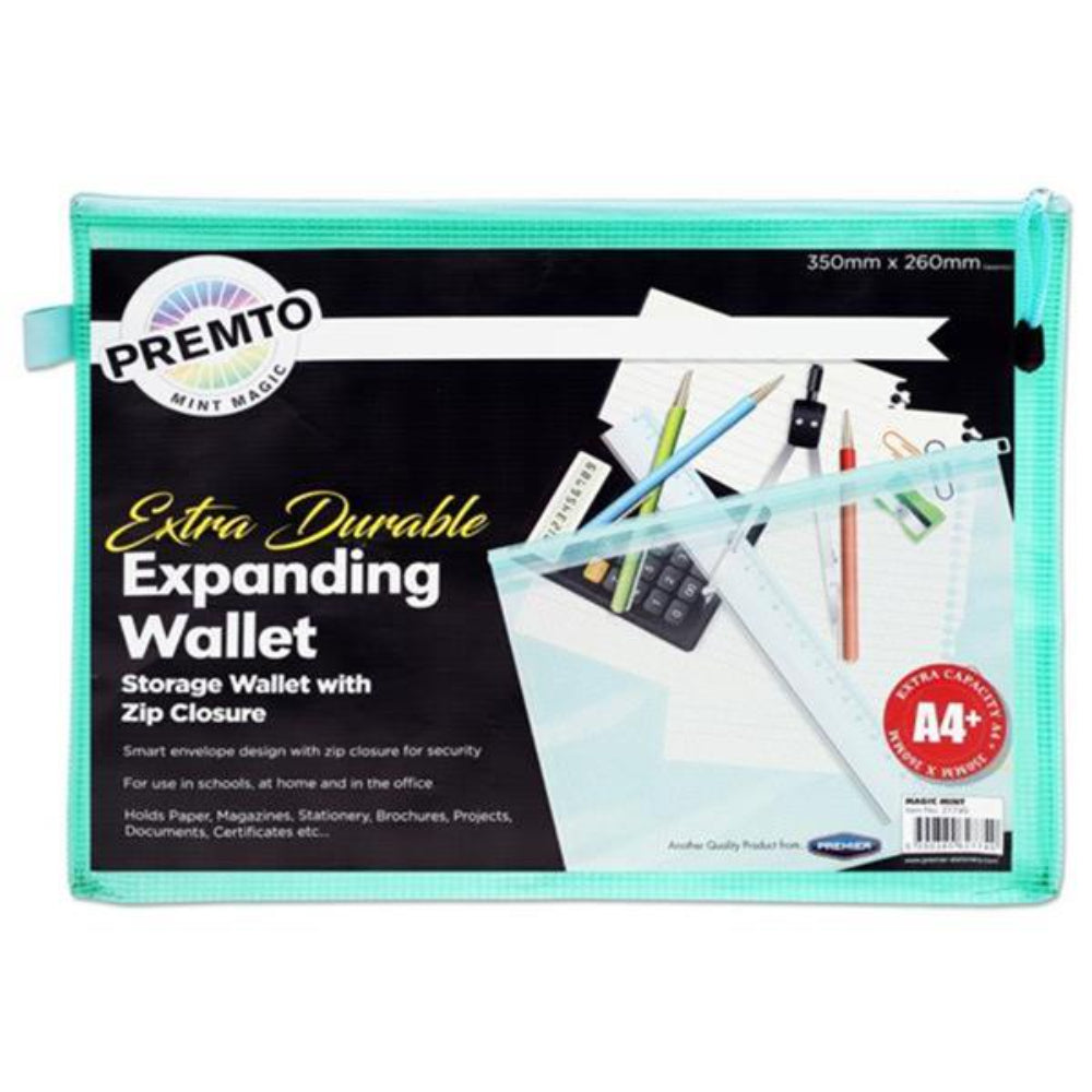Premto Pastel A4+ Extra Durable Expanding Mesh Wallet with Zip - Mint Magic Green-Mesh Wallet Bags-Premto|StationeryShop.co.uk