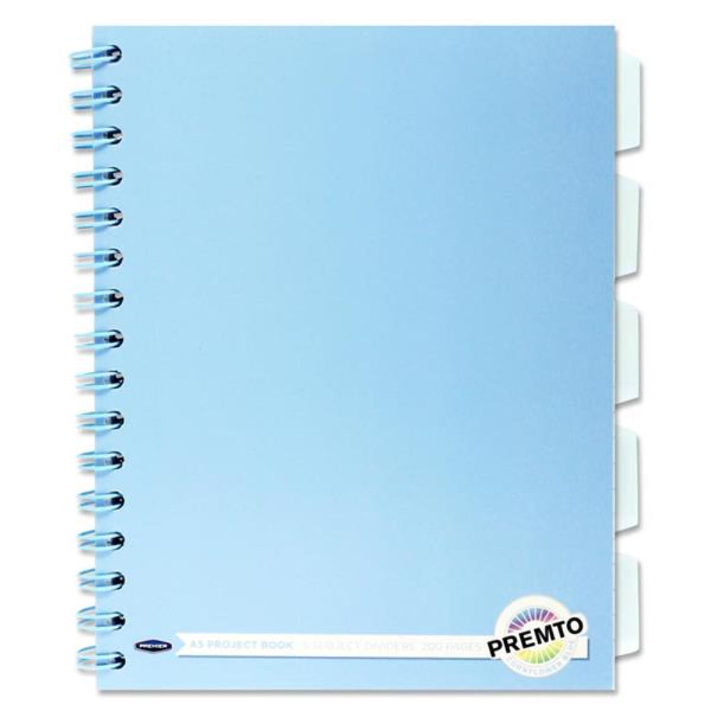 Premto Pastel A5 Wiro Project Book - 5 Subjects - 200 Pages - Cornflower Blue-Subject & Project Books-Premto|StationeryShop.co.uk
