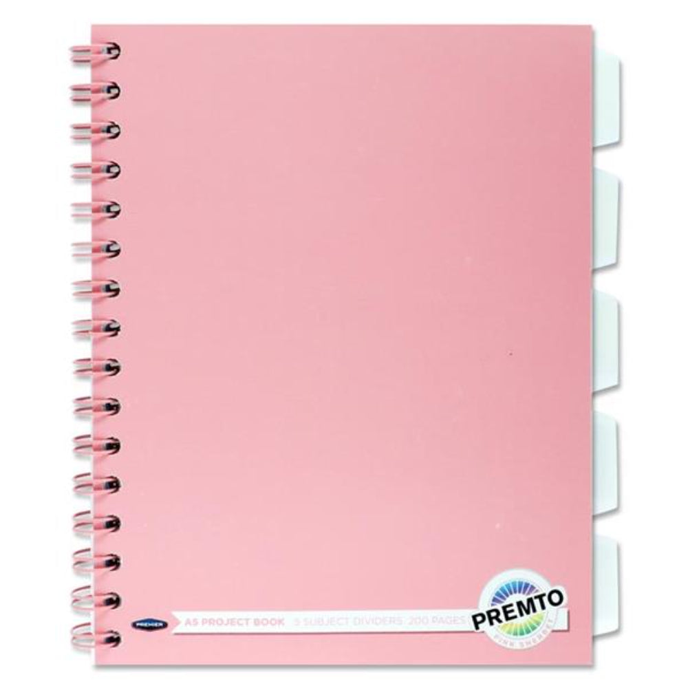Premto Pastel A5 Wiro Project Book - 5 Subjects - 250 Pages - Pink Sherbet-Subject & Project Books-Premto|StationeryShop.co.uk