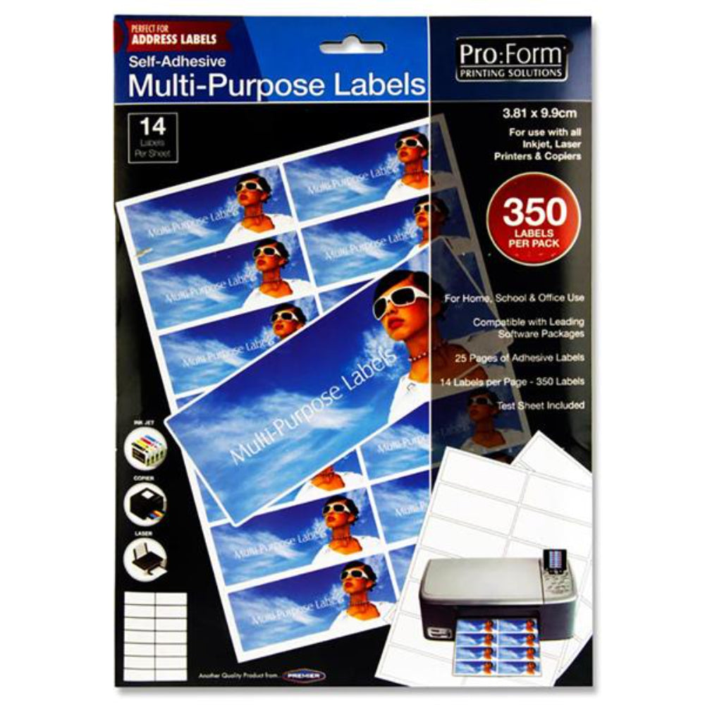 Pro:Form Self Adhesive Multi-Purpose Labels - 3.81cm x 9.9cm - 14 Labels per Sheet - 25 Sheets-Labels-Pro:Form|StationeryShop.co.uk
