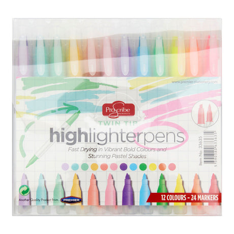Pro:Scribe Twin Tip Highlighters - Pastel - Pack of 12-Highlighters-Pro:Scribe|StationeryShop.co.uk