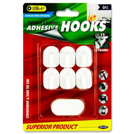 Stik-ie Removable Adhesive Ultra Strong Plastic Hooks - 32mm x 24mm - White - Pack of 6-Hooks & Fasteners-Stik-ie|StationeryShop.co.uk