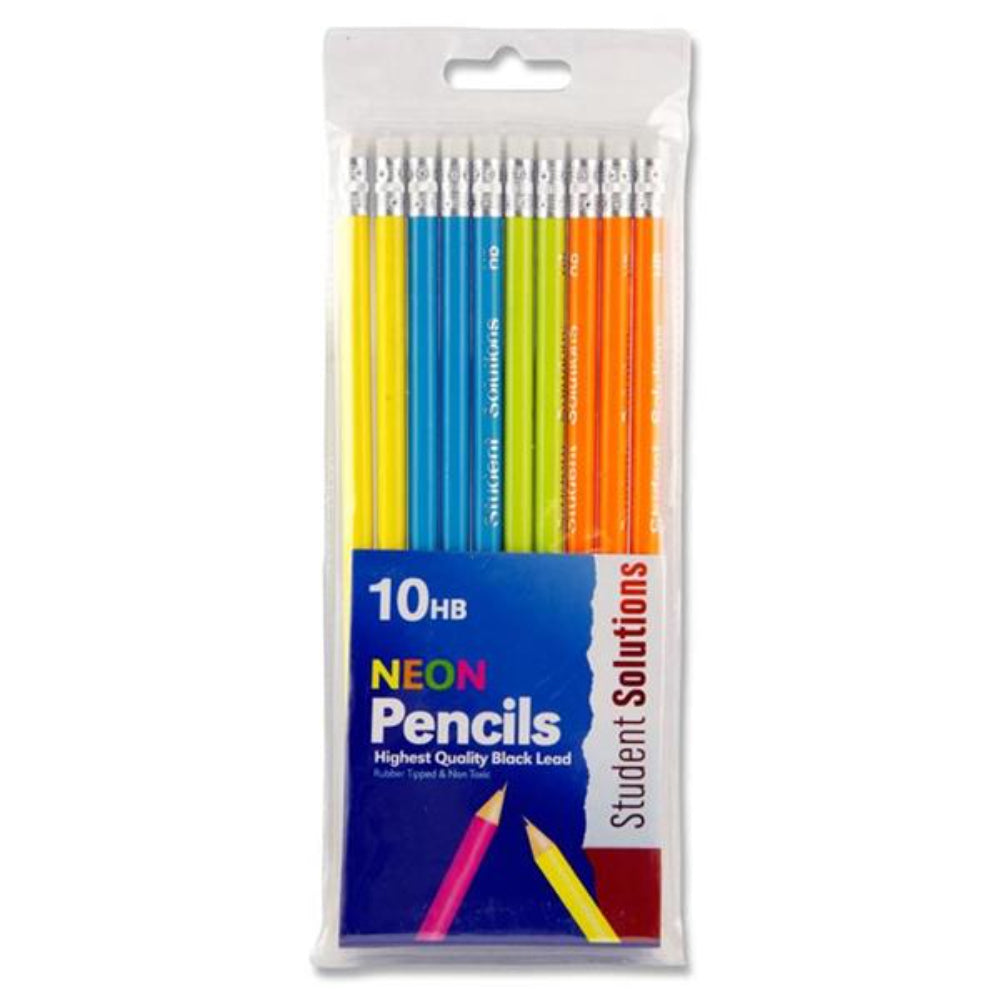 Student Solutions Wallet of 10 HB Eraser Tipped Pencils - Neon-Pencils-Student Solutions|StationeryShop.co.uk