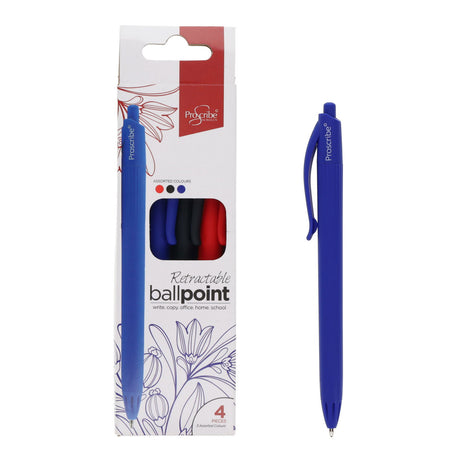 Pro:Scribe Ballpoint Pens - Blue, Black, Red Ink - Pack of 4