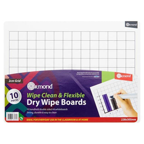 Ormond Dry Wipe Board - 2cm Square Grid - 228x305mm - Maths - Pack of 10
