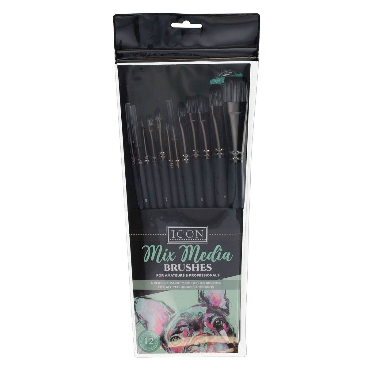 Icon Taklon Paint Brush Set - Mix Media - Pack of 12