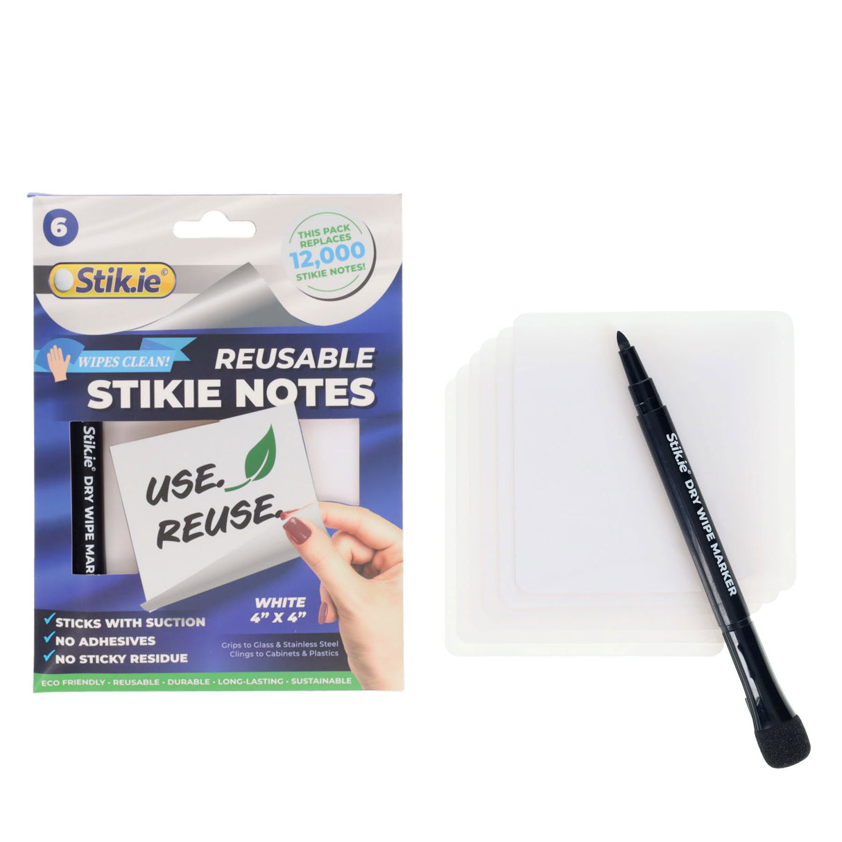 Stik.ie Reusable Stikie Notes - White- 4x4 - Pack of 6