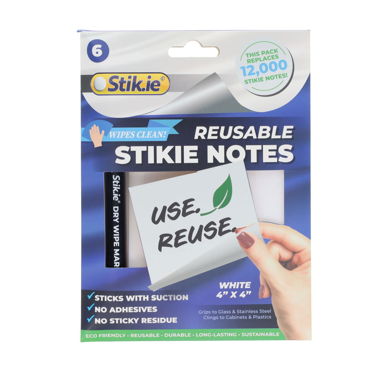 Stik.ie Reusable Stikie Notes - White- 4x4 - Pack of 6