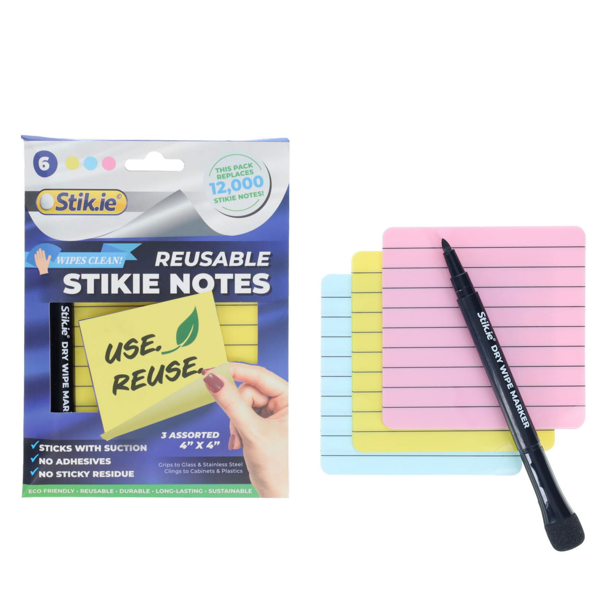 Stik.ie Reusable Stikie Notes - Assorted - 4x4 - Pack of 6