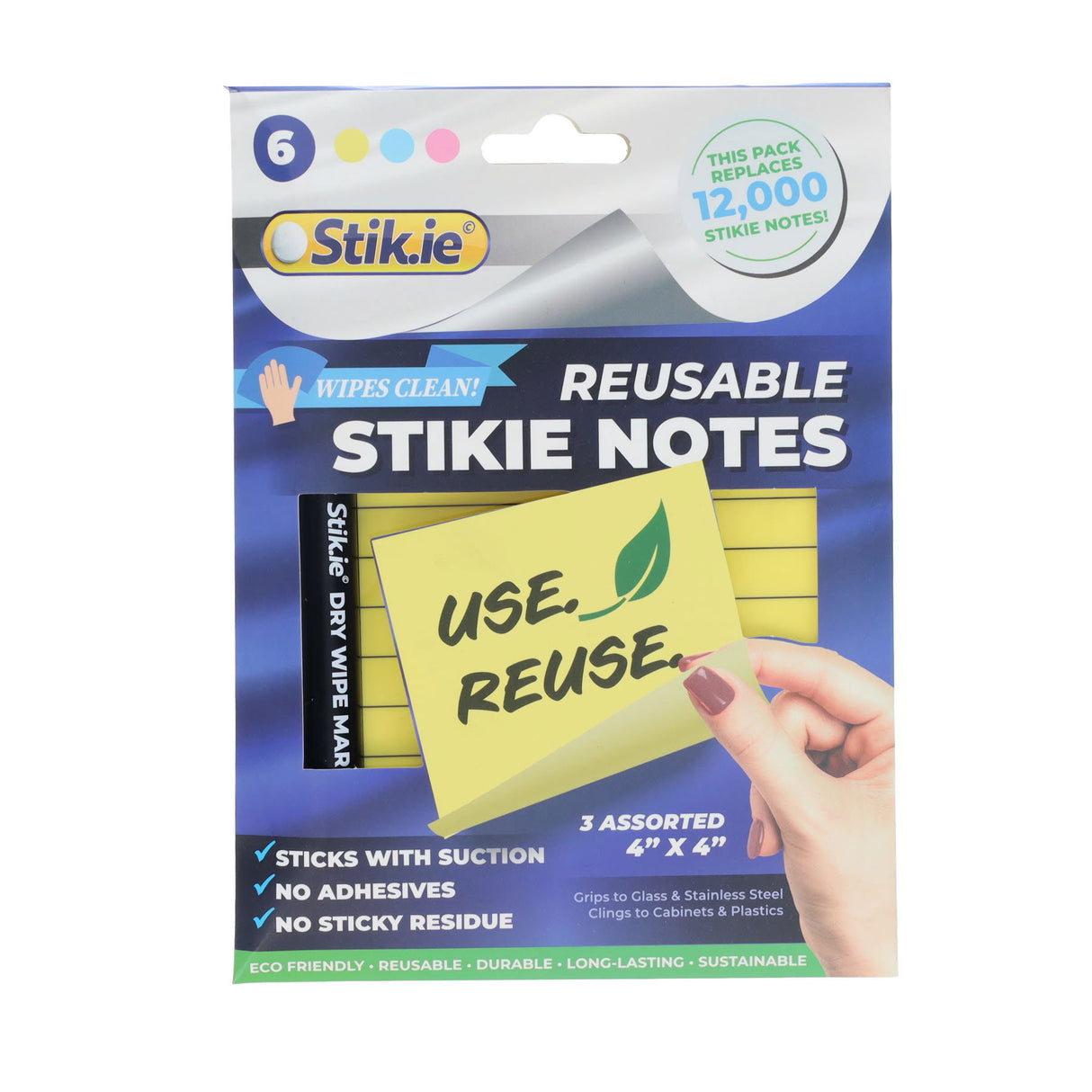Stik.ie Reusable Stikie Notes - Assorted - 4x4 - Pack of 6