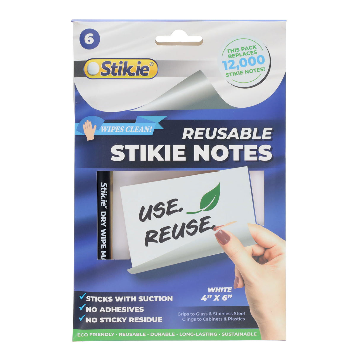 Stik.ie Reusable Stikie Notes - White - 4x6 - Pack of 6