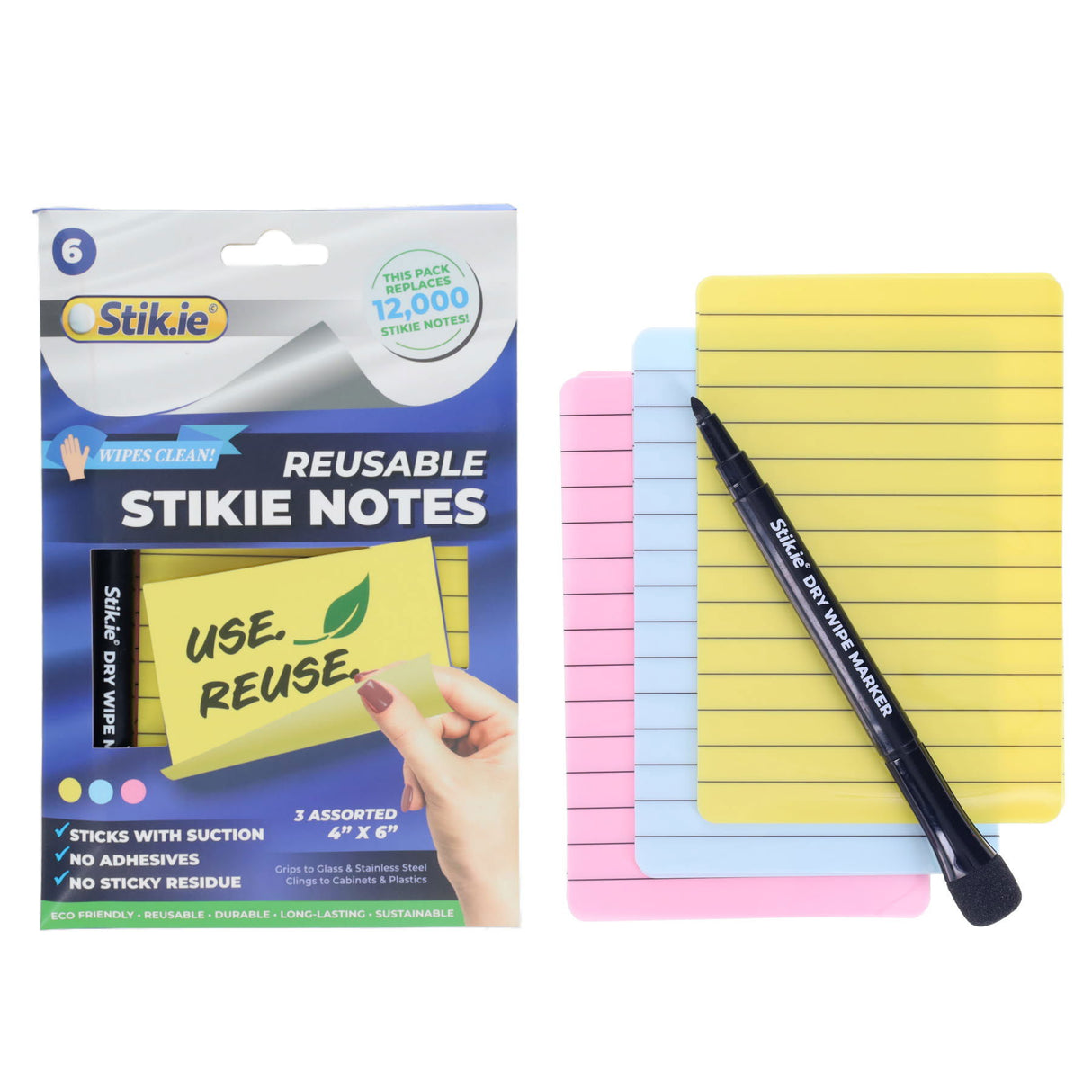 Stik.ie Reusable Stikie Notes - Assorted - 4x6 - Pack of 6