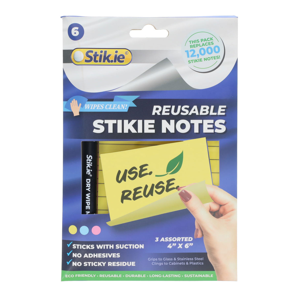 Stik.ie Reusable Stikie Notes - Assorted - 4x6 - Pack of 6