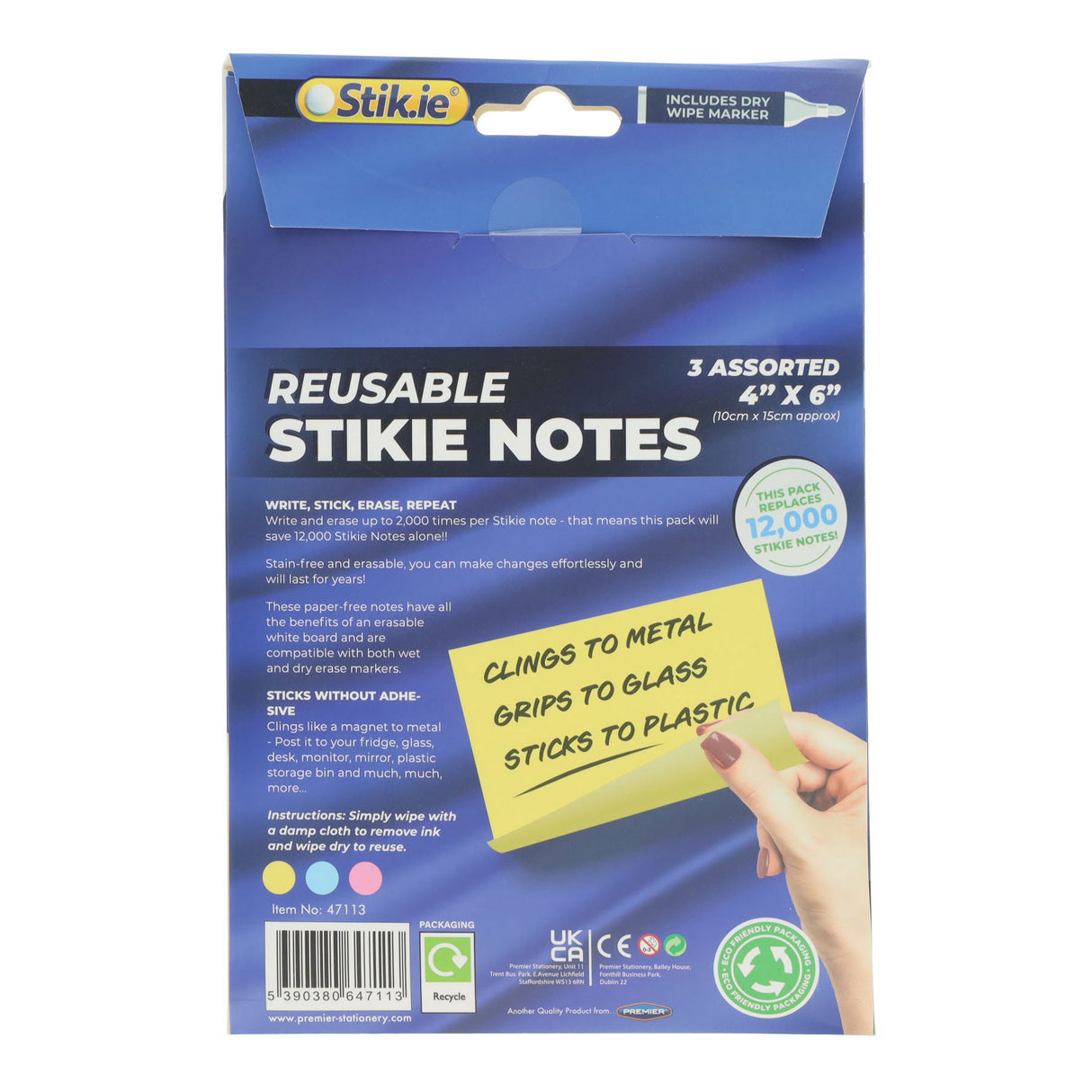 Stik.ie Reusable Stikie Notes - Assorted - 4x6 - Pack of 6