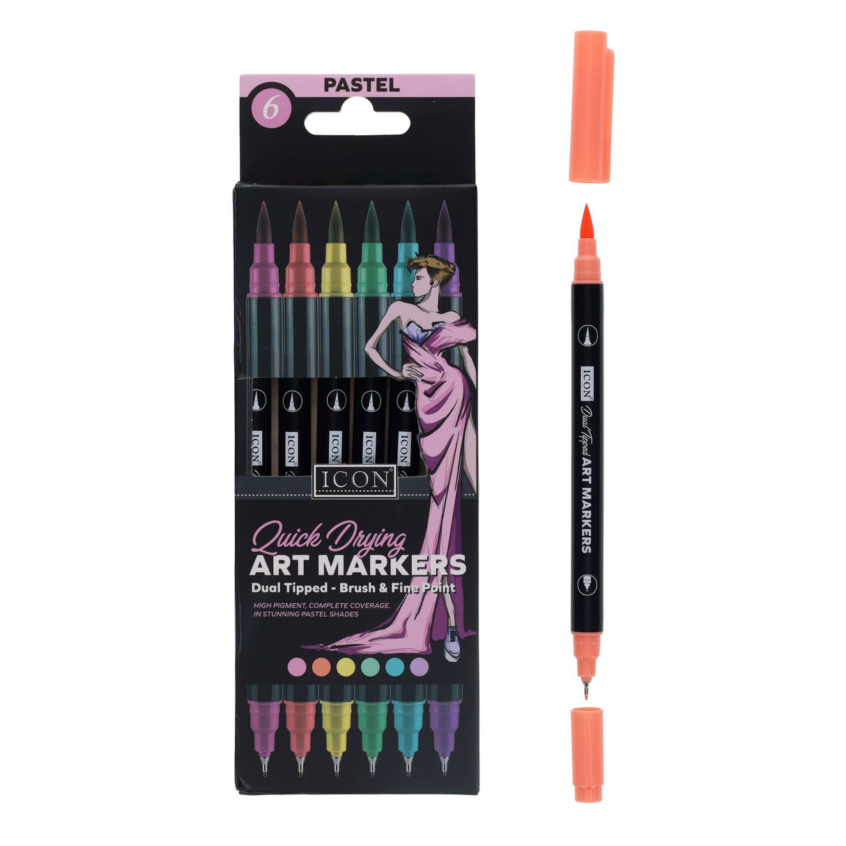 Icon Quick Drying Art Markers - Pastel - Pack of 6