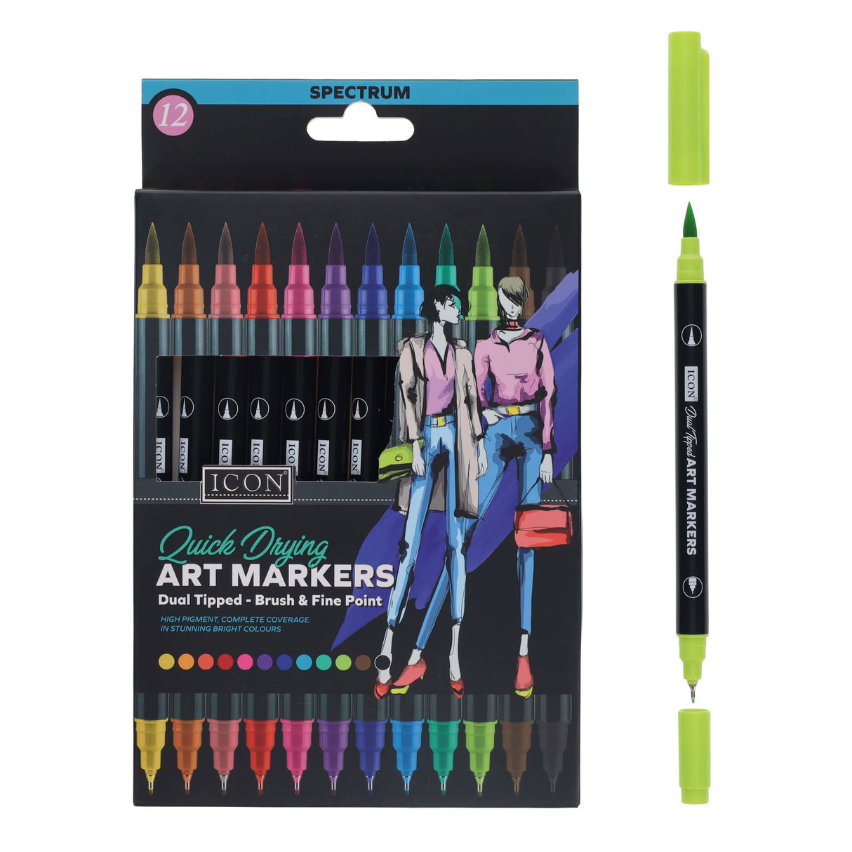 Icon Quick Drying Art Markers - Spectrum - Pack of 12