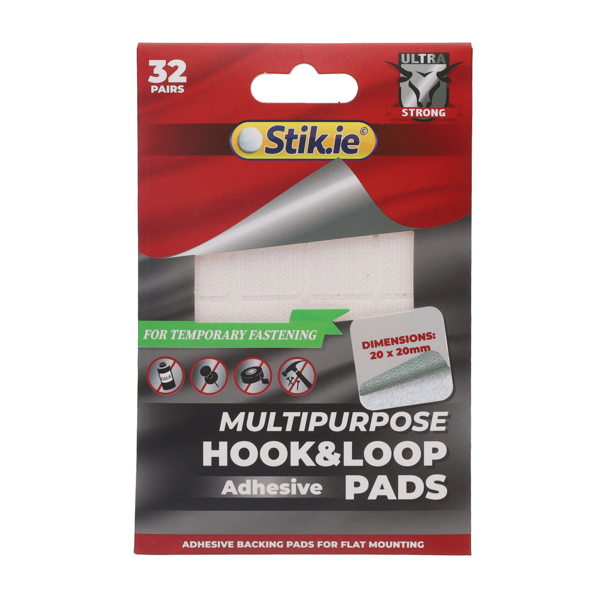 Stik-ie Hook & Loop Velcro Fasteners - 20 x 20mm - Pack of 32