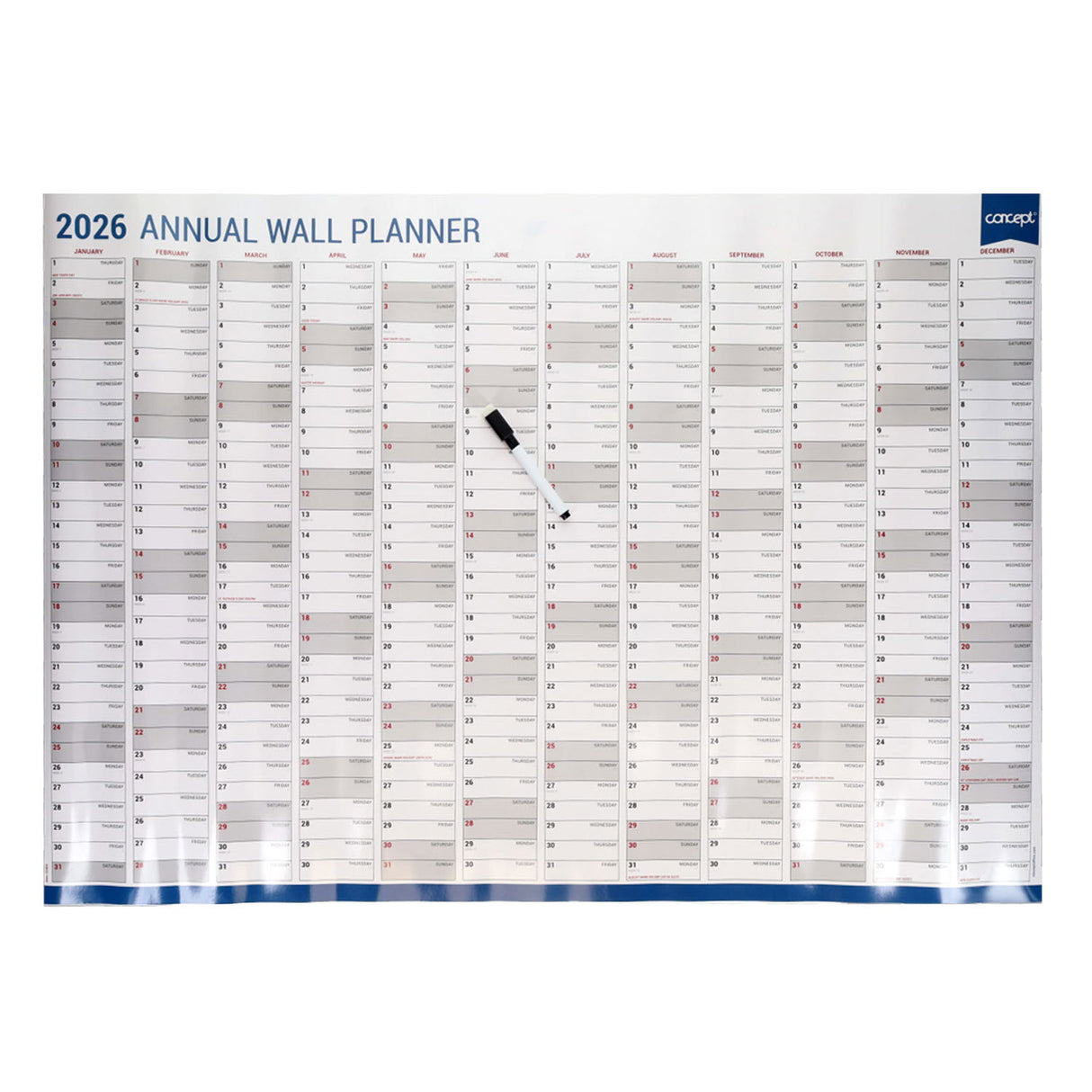 Concept A1 2026 Wall Planner with Dry Wipe Marker